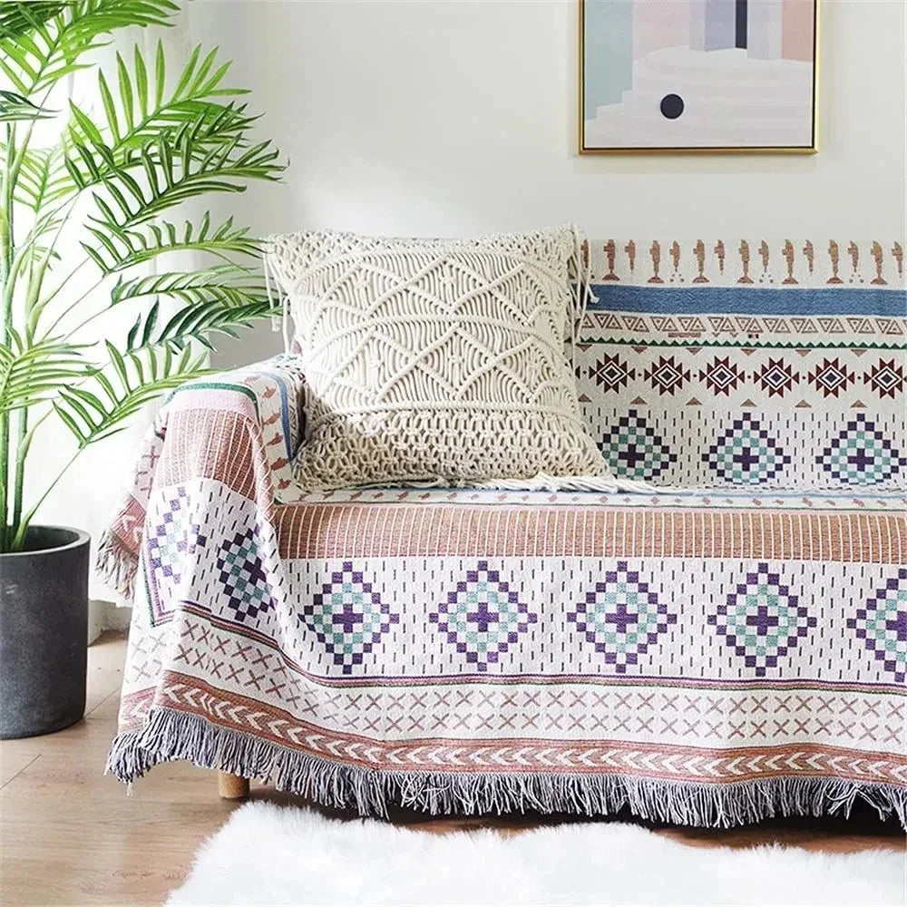 Boho Woven Throw Blanket with Braided Fringe for Couch