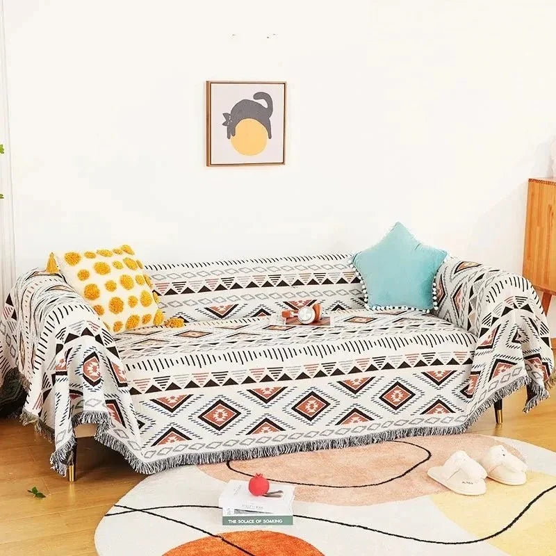 Boho Woven Throw Blanket with Braided Fringe for Couch