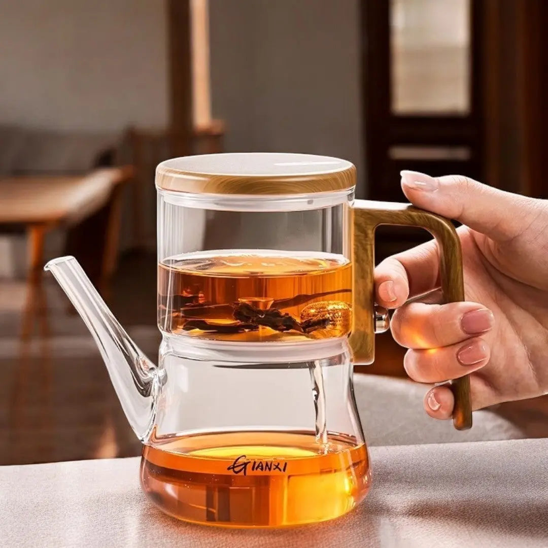 Two-Chamber Magnetic Glass Teapot with Wood Handle