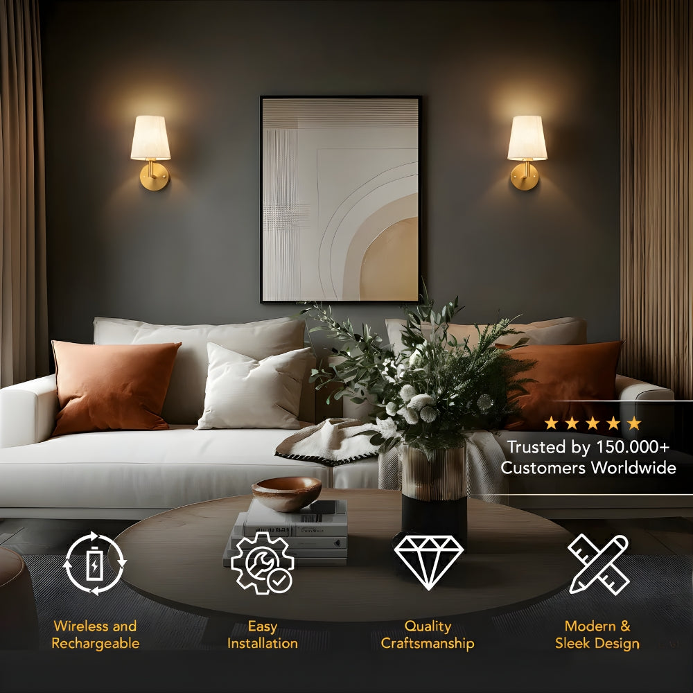 Cordless Wall Sconces Set of 2 Fabric Shade Dimmable with Remote No Wiring