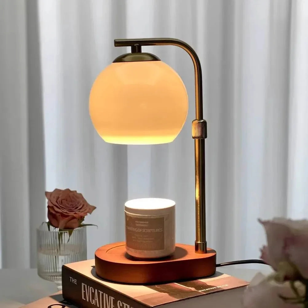 Candle Warmer Lamp with Globe Glass Shade and Wood Base