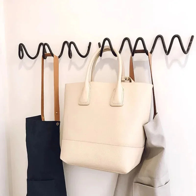Squiggle Wall Hook Rack in Wrought Iron for Coats and Towels