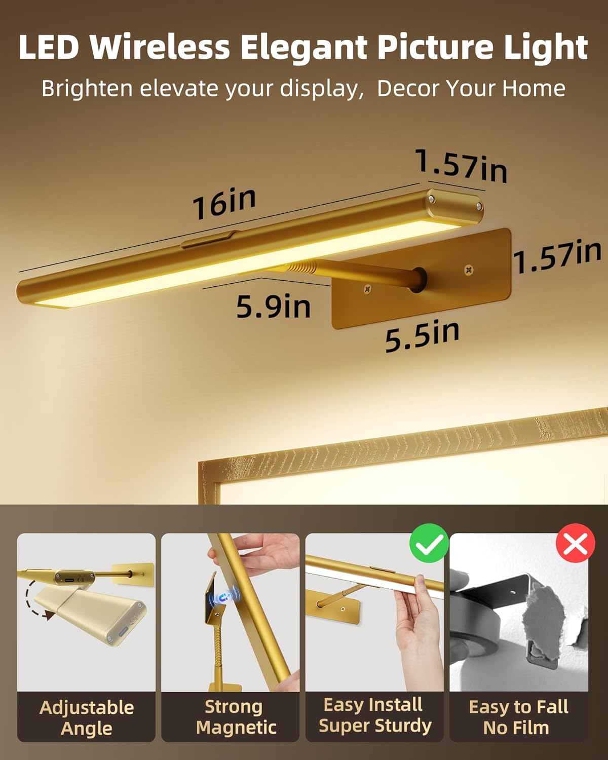 Picture Light Rechargeable Magnetic Mount High CRI for Artwork and Photos