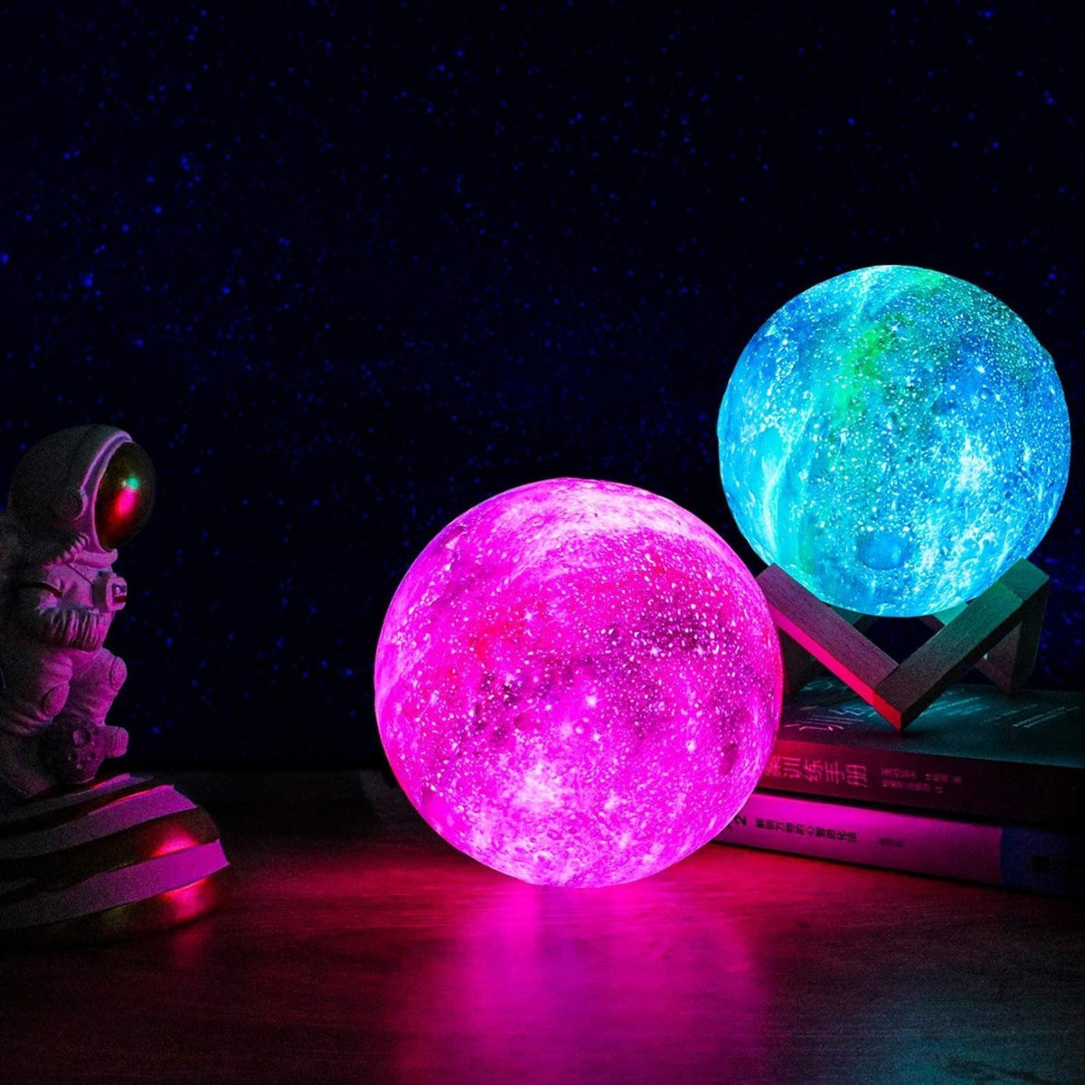 Moon Lamp 3D Printed 16 Color Touch Rechargeable Night Light with Wood Stand