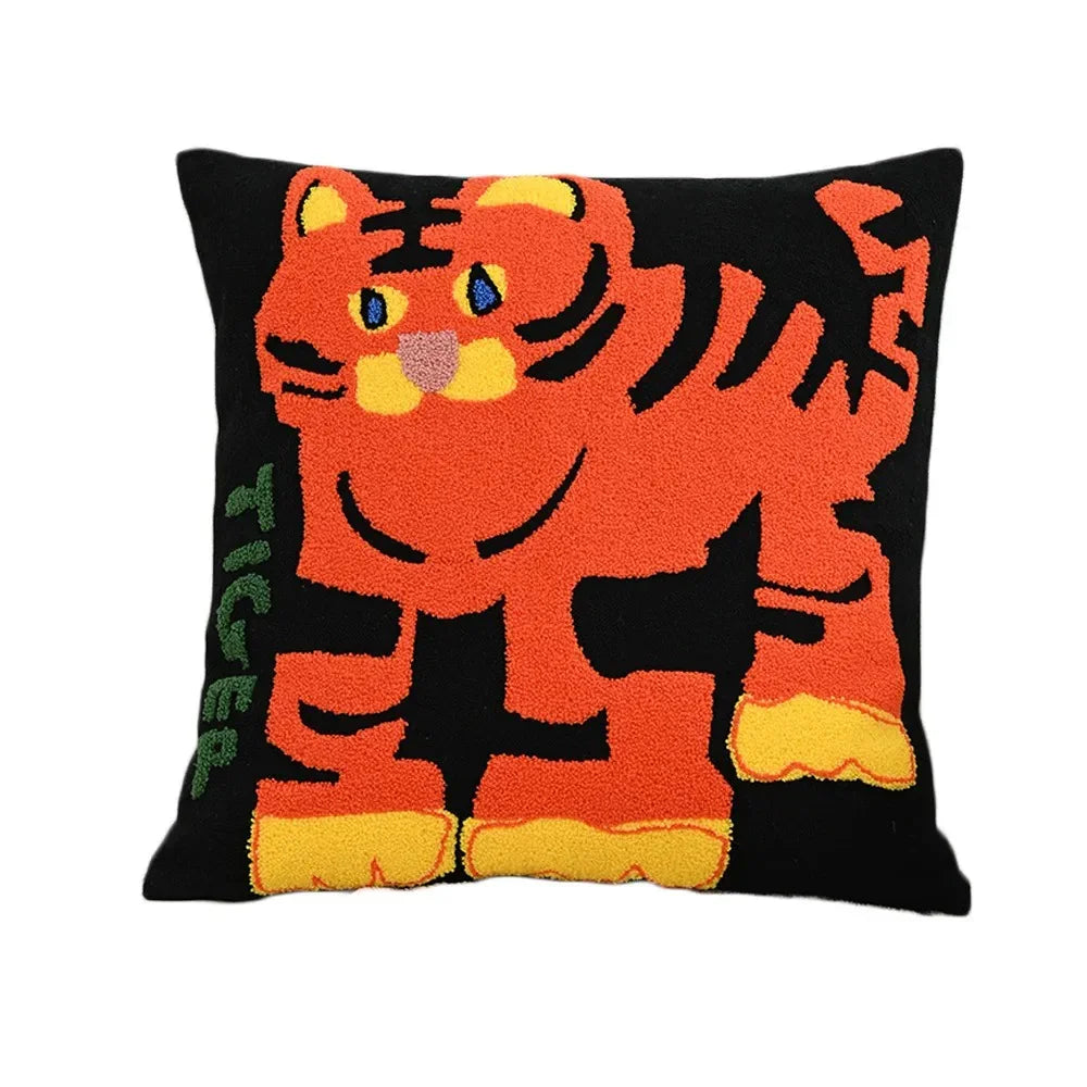 Embroidered Animal Throw Pillow Cover for Kids Room