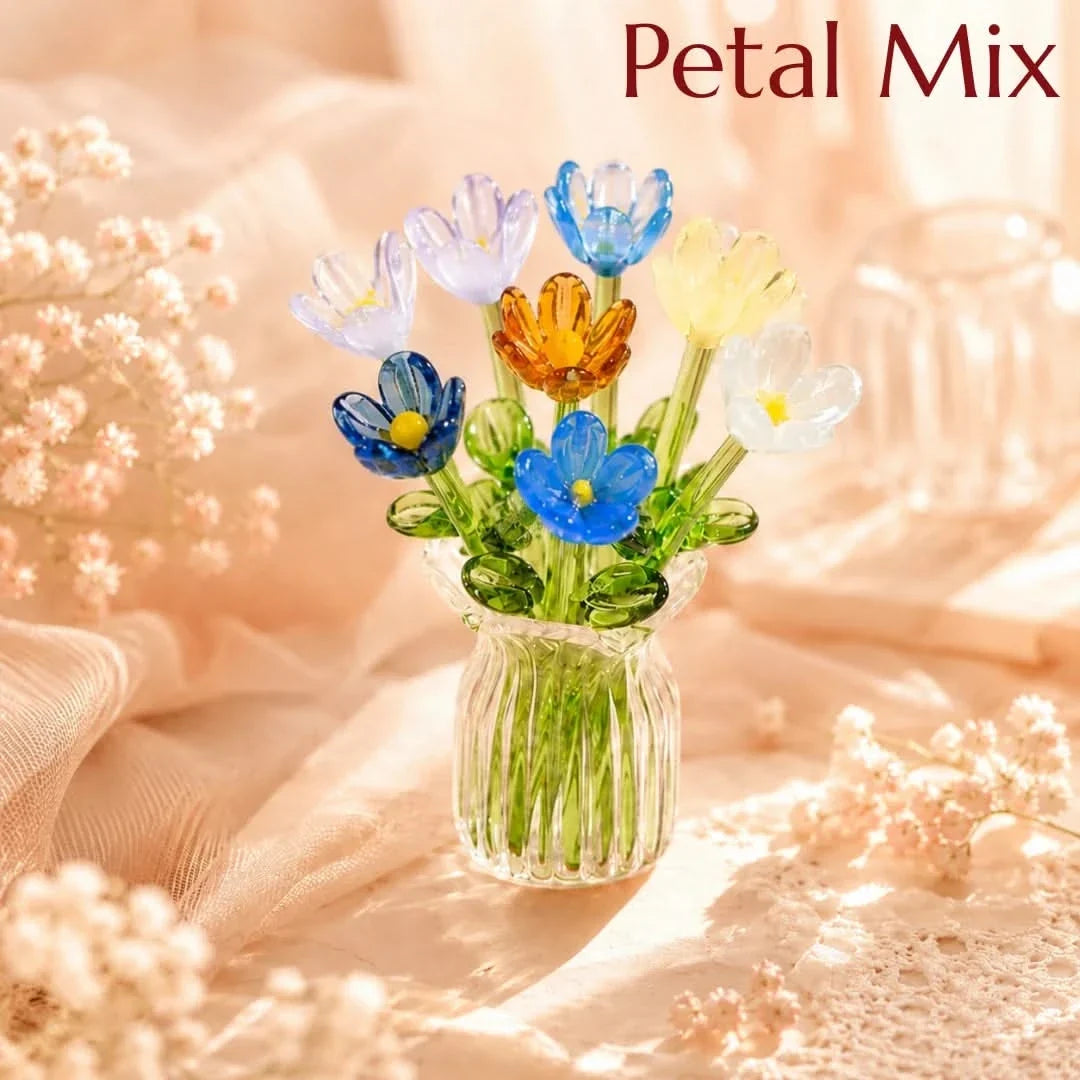 Glass Flower Bouquet with Mini Vase Handmade Set of 7