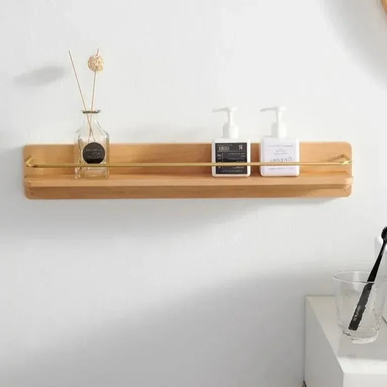 Bamboo Bathroom Shelf Wall Mounted with Metal Guard Rail
