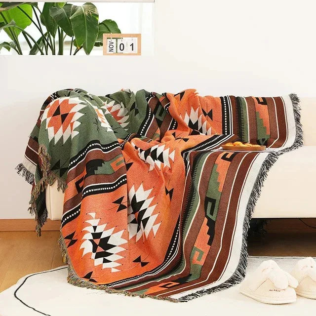 Boho Woven Throw Blanket with Braided Fringe for Couch