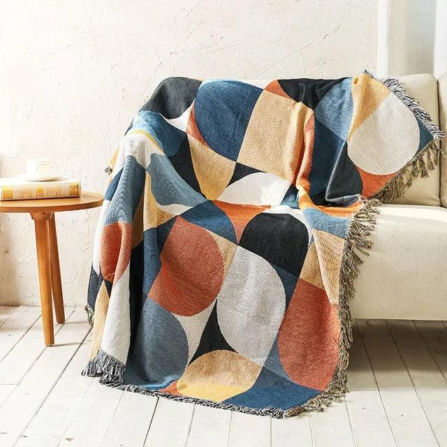 Boho Woven Throw Blanket with Braided Fringe for Couch