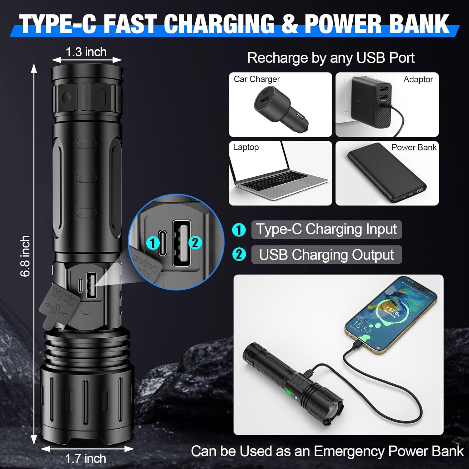 Rechargeable Tactical Flashlight Zoomable LED with Power Bank