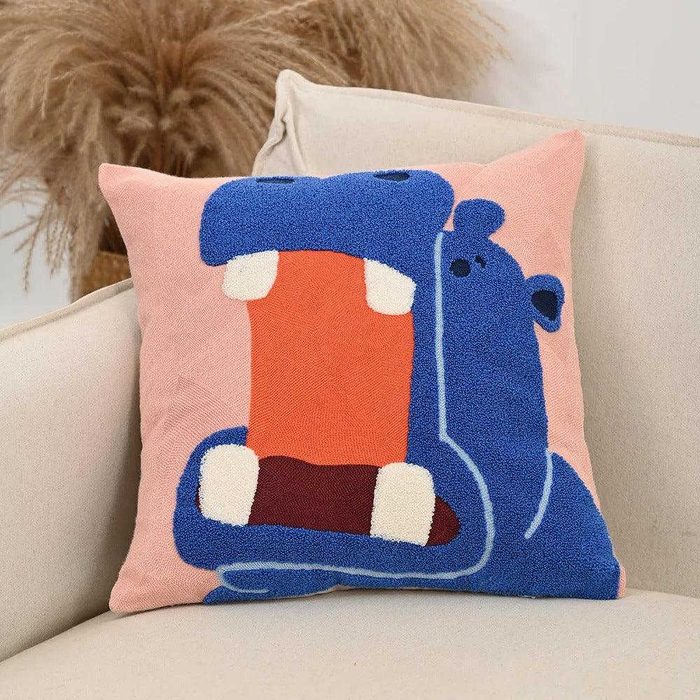 Embroidered Animal Throw Pillow Cover for Kids Room