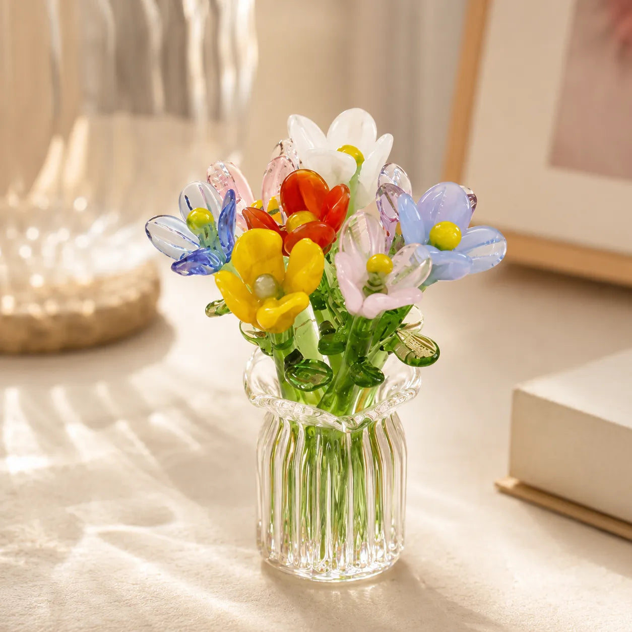 Hand-Blown Glass Flower Bouquet with Fluted Mini Vase