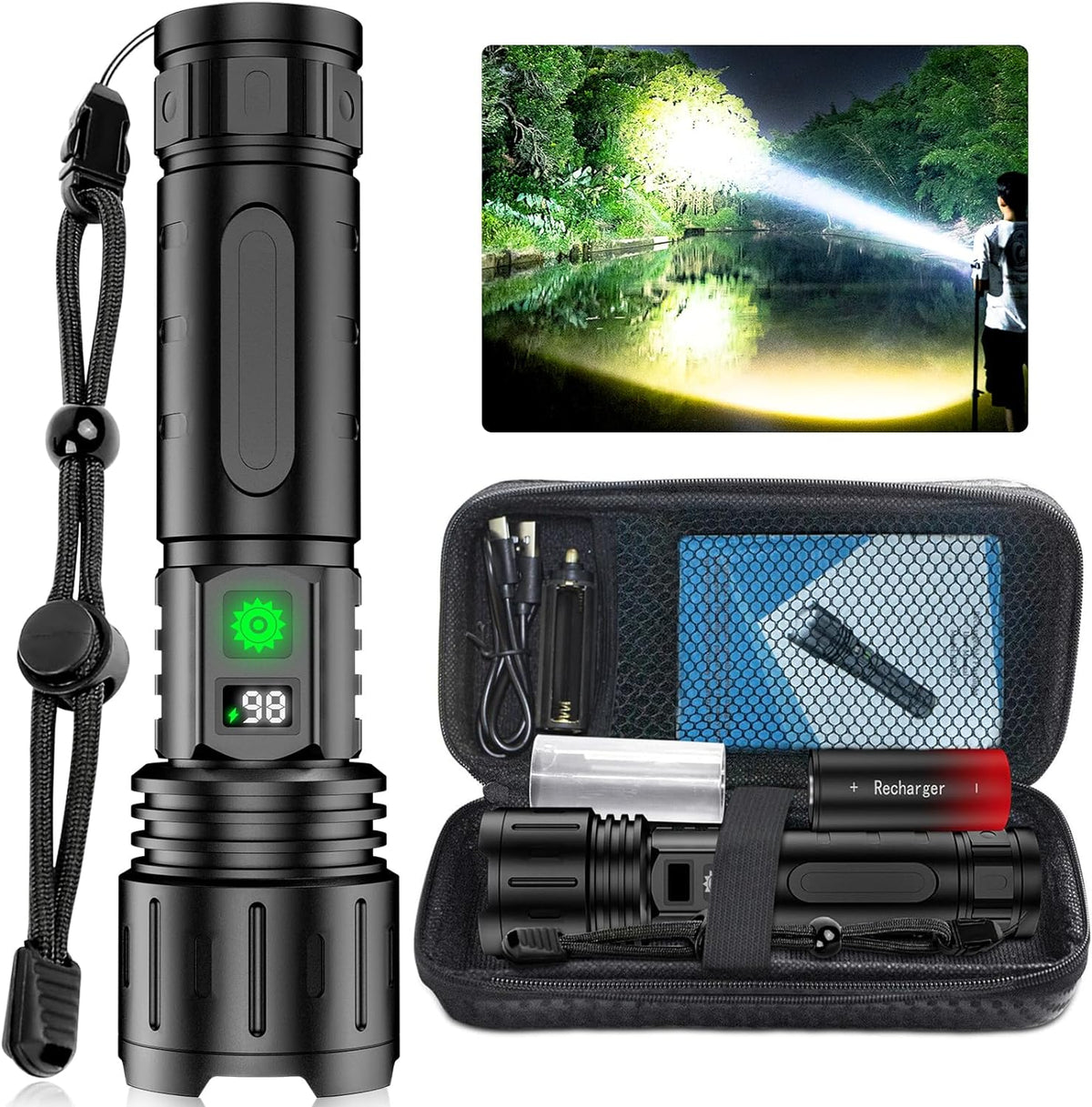 Rechargeable Tactical Flashlight Zoomable LED with Power Bank