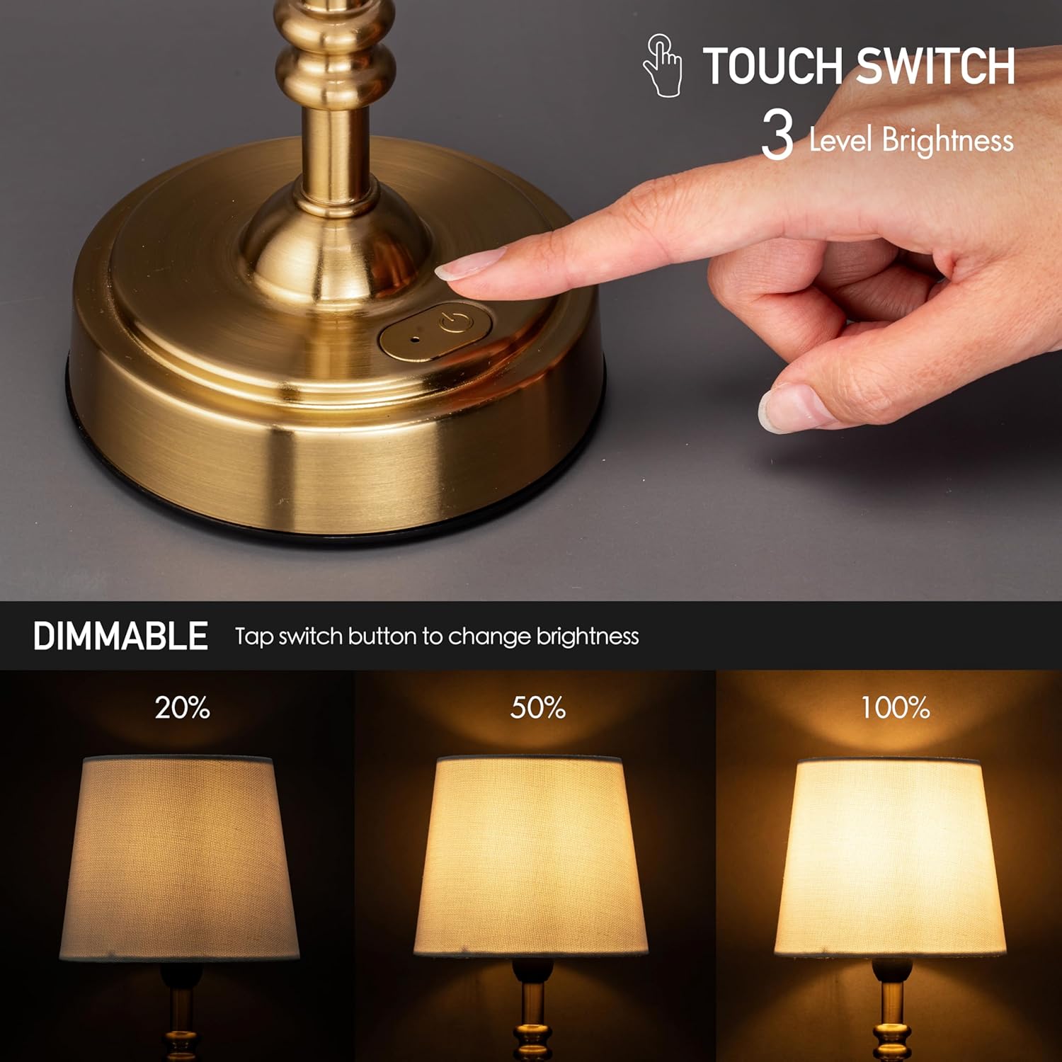 Cordless Table Lamp USB Rechargeable Dimmable for Bedroom and Office Desk