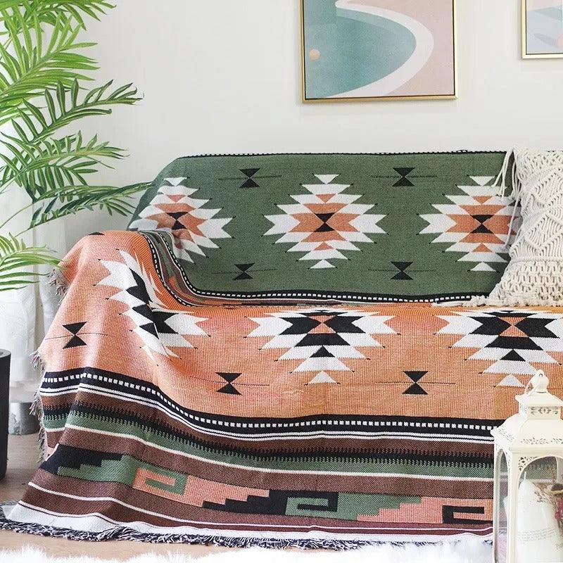 Boho Woven Throw Blanket with Braided Fringe for Couch