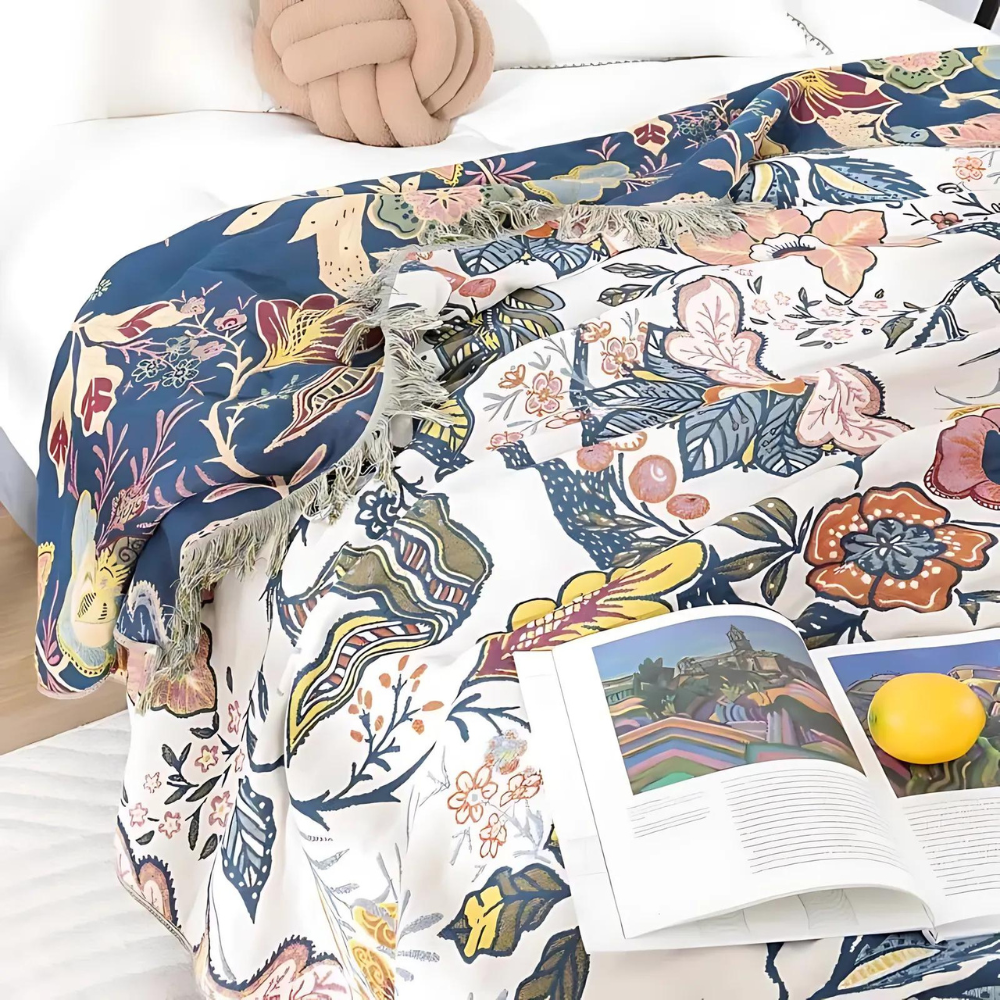 Jacquard Throw Blanket Reversible Cotton Floral Fringed
