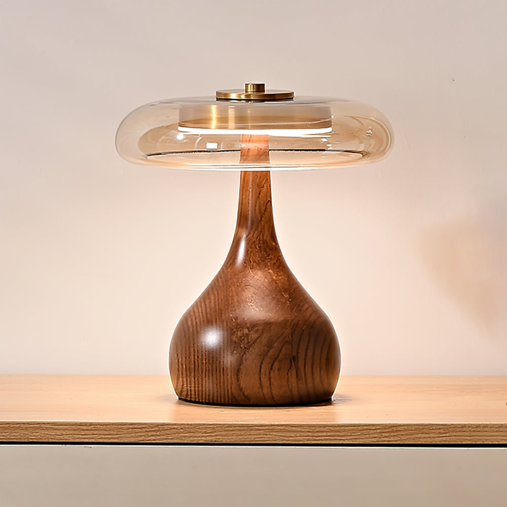Glass Table Lamp Brass and Wood Base Three Color Temperatures Bedside
