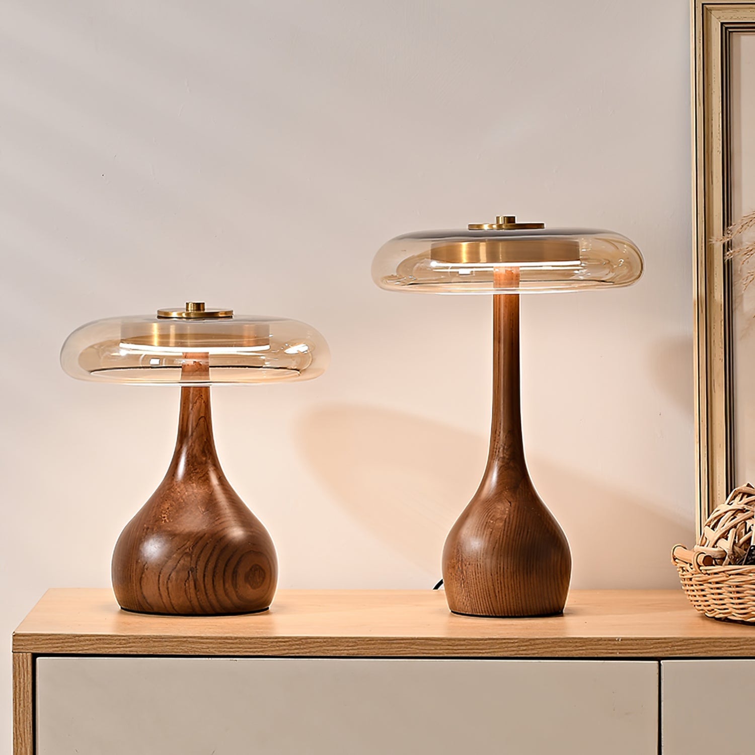 Glass Table Lamp Brass and Wood Base Three Color Temperatures Bedside