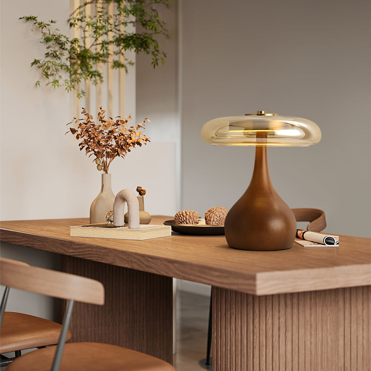 Glass Table Lamp Brass and Wood Base Three Color Temperatures Bedside