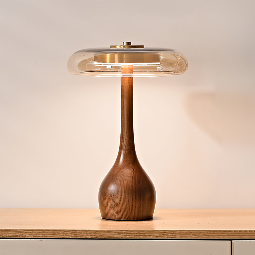 Glass Table Lamp Brass and Wood Base Three Color Temperatures Bedside