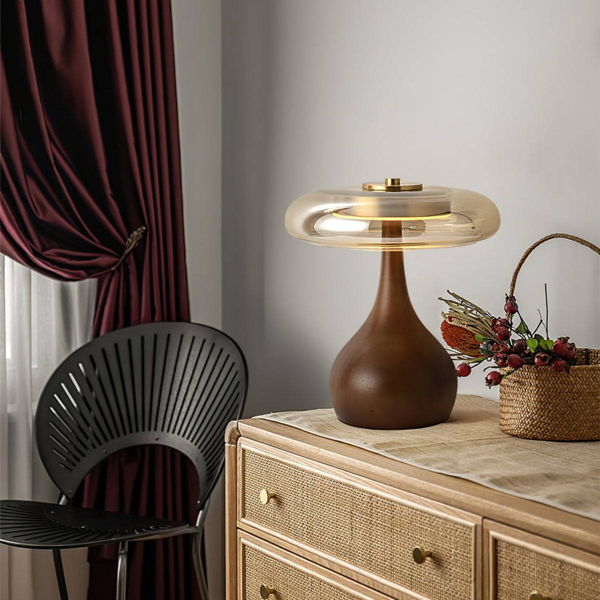 Glass Table Lamp Brass and Wood Base Three Color Temperatures Bedside
