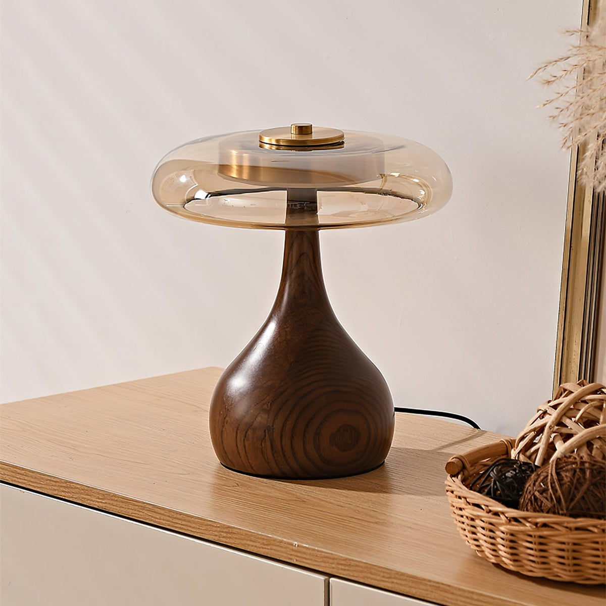 Glass Table Lamp Brass and Wood Base Three Color Temperatures Bedside