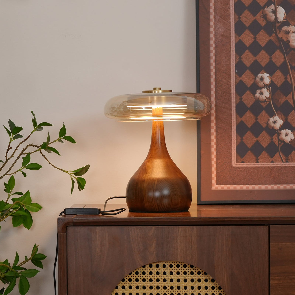 Glass Table Lamp Brass and Wood Base Three Color Temperatures Bedside