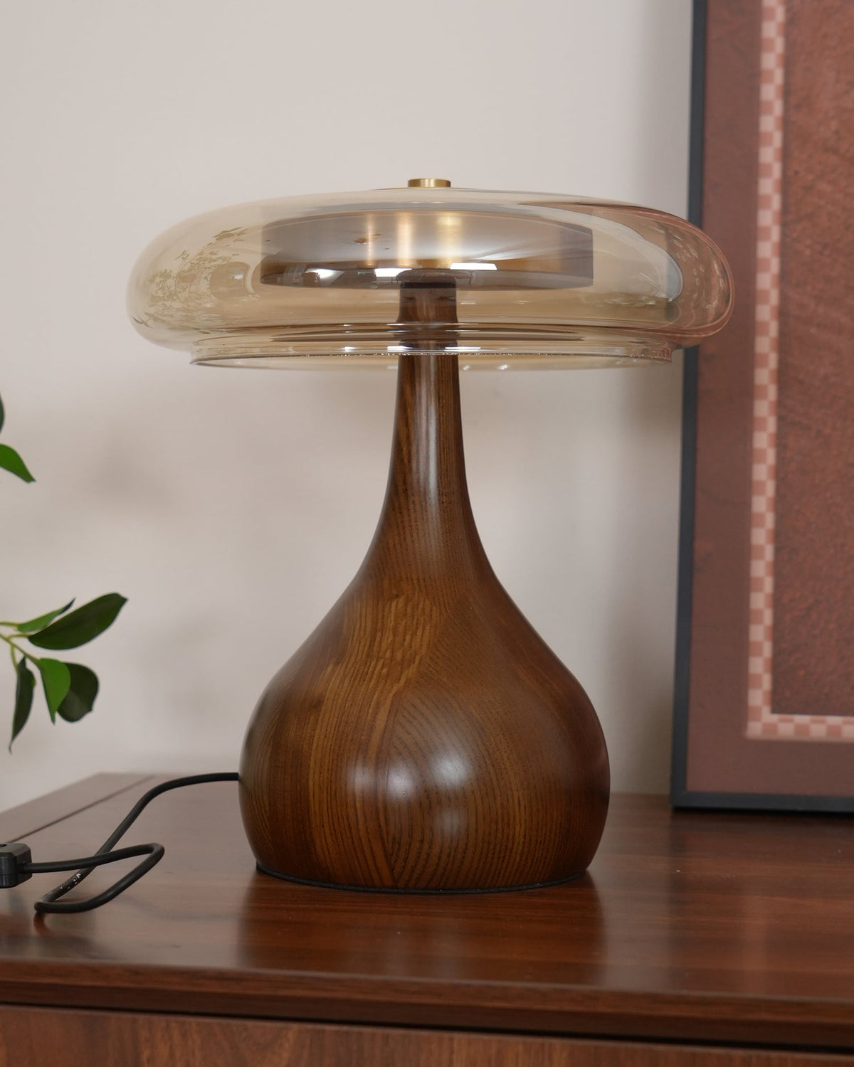Glass Table Lamp Brass and Wood Base Three Color Temperatures Bedside