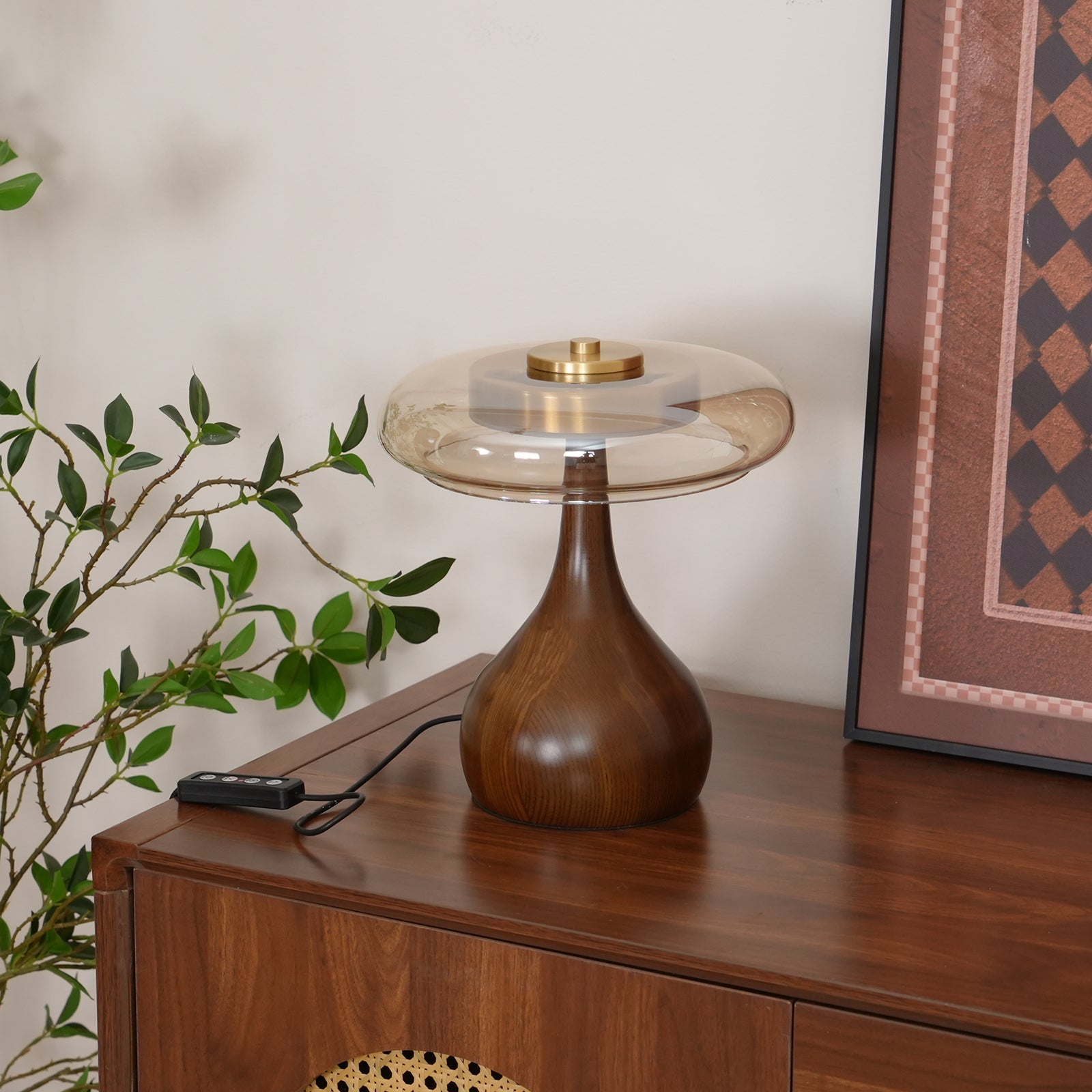 Glass Table Lamp Brass and Wood Base Three Color Temperatures Bedside