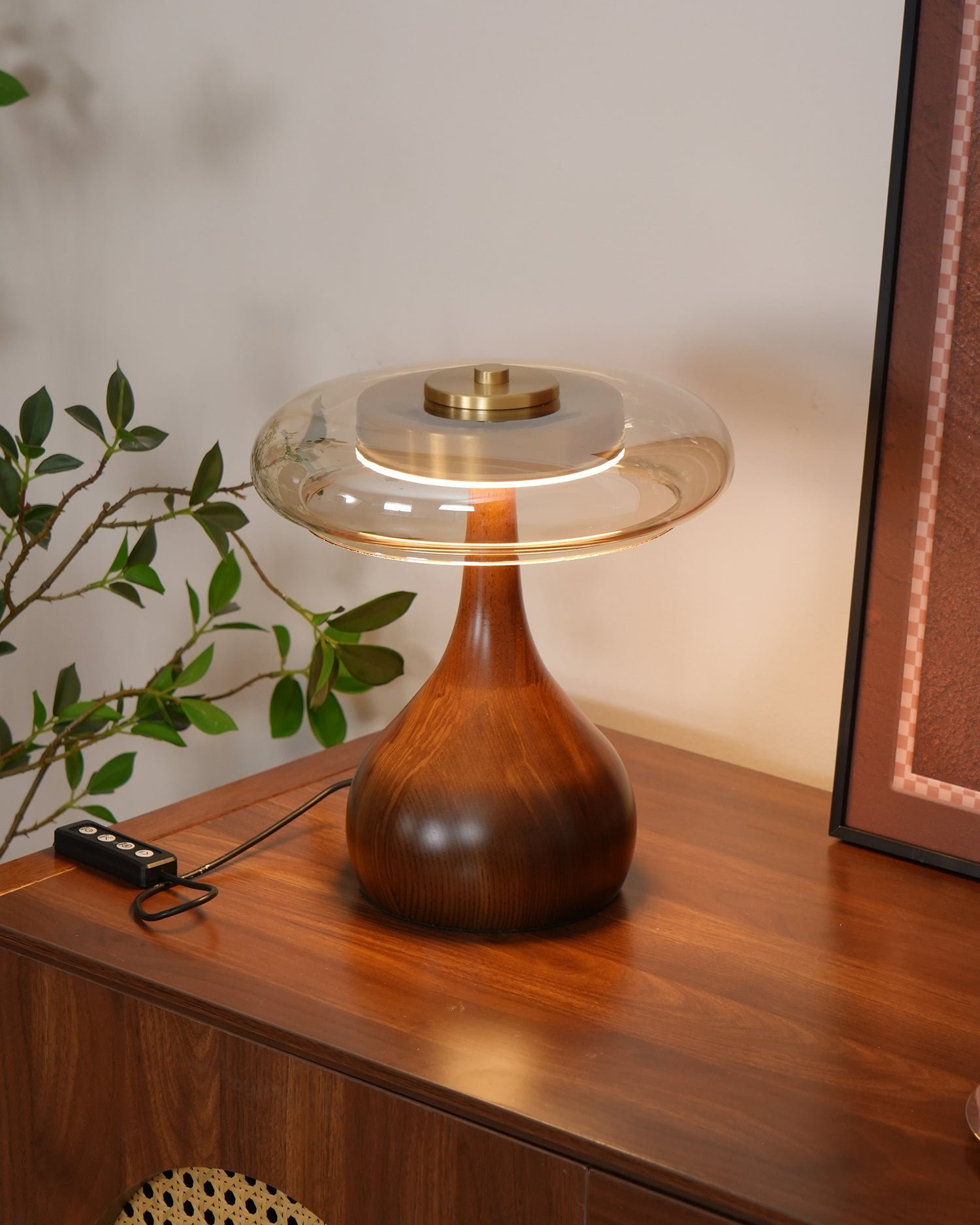 Glass Table Lamp Brass and Wood Base Three Color Temperatures Bedside