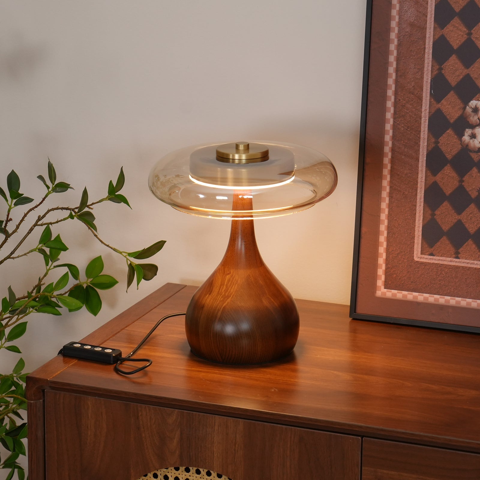 Glass Table Lamp Brass and Wood Base Three Color Temperatures Bedside