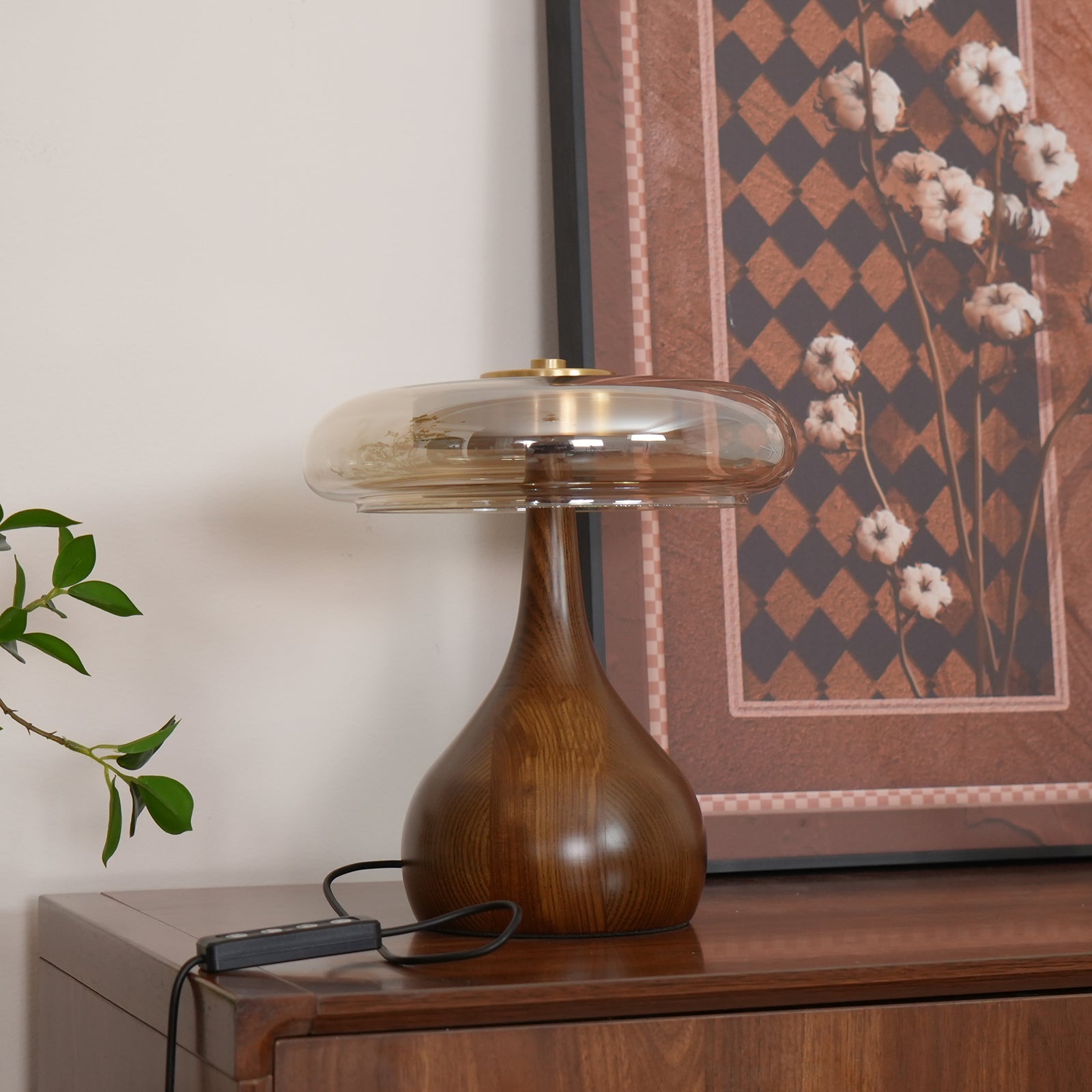 Glass Table Lamp Brass and Wood Base Three Color Temperatures Bedside