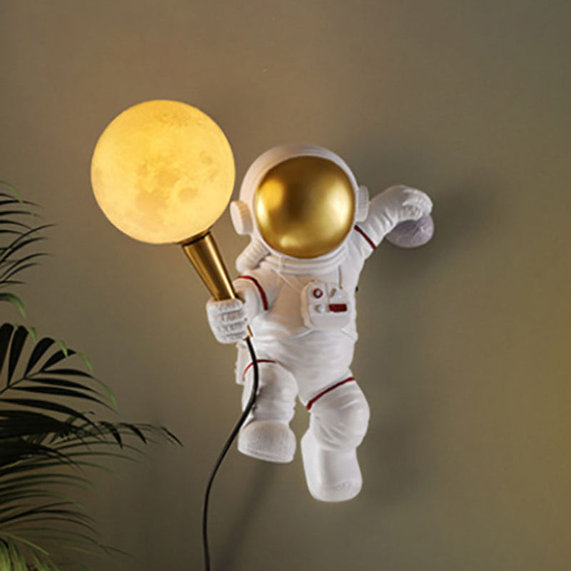 Astronaut wall lamp LED resin figure with moon ball decorative for children's room or bedroom