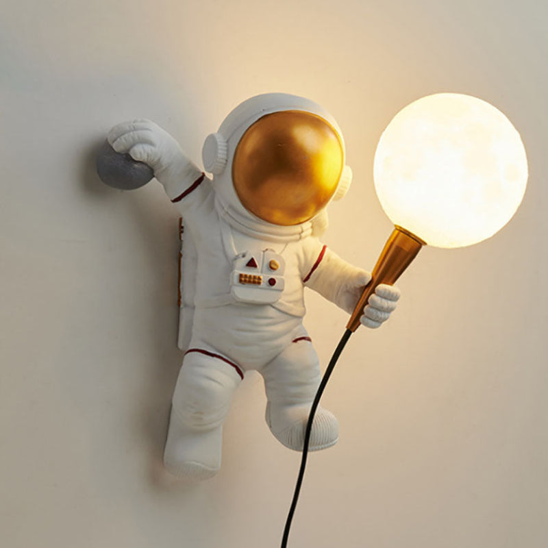 Astronaut wall lamp LED resin figure with moon ball decorative for children's room or bedroom
