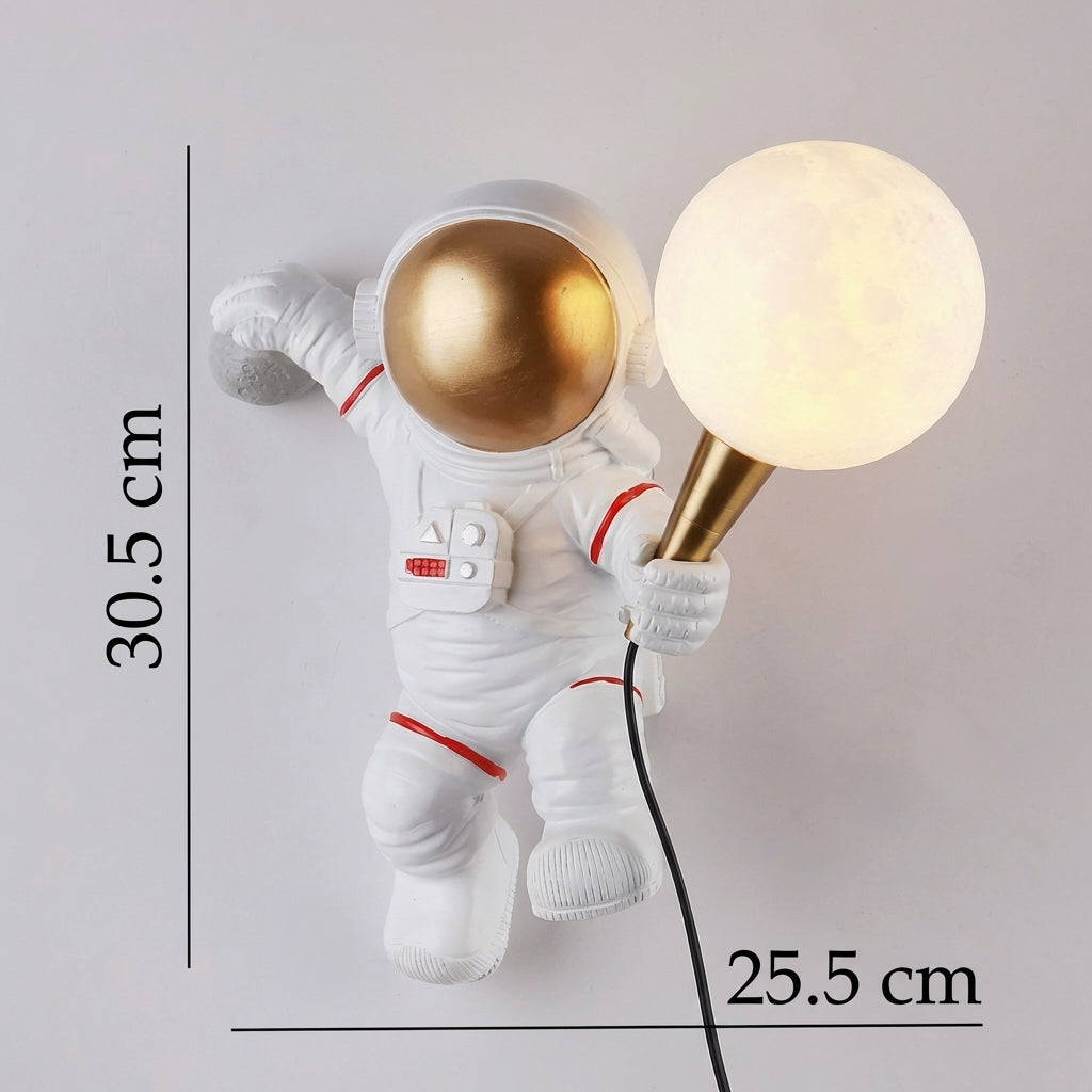 Astronaut wall lamp LED resin figure with moon ball decorative for children's room or bedroom