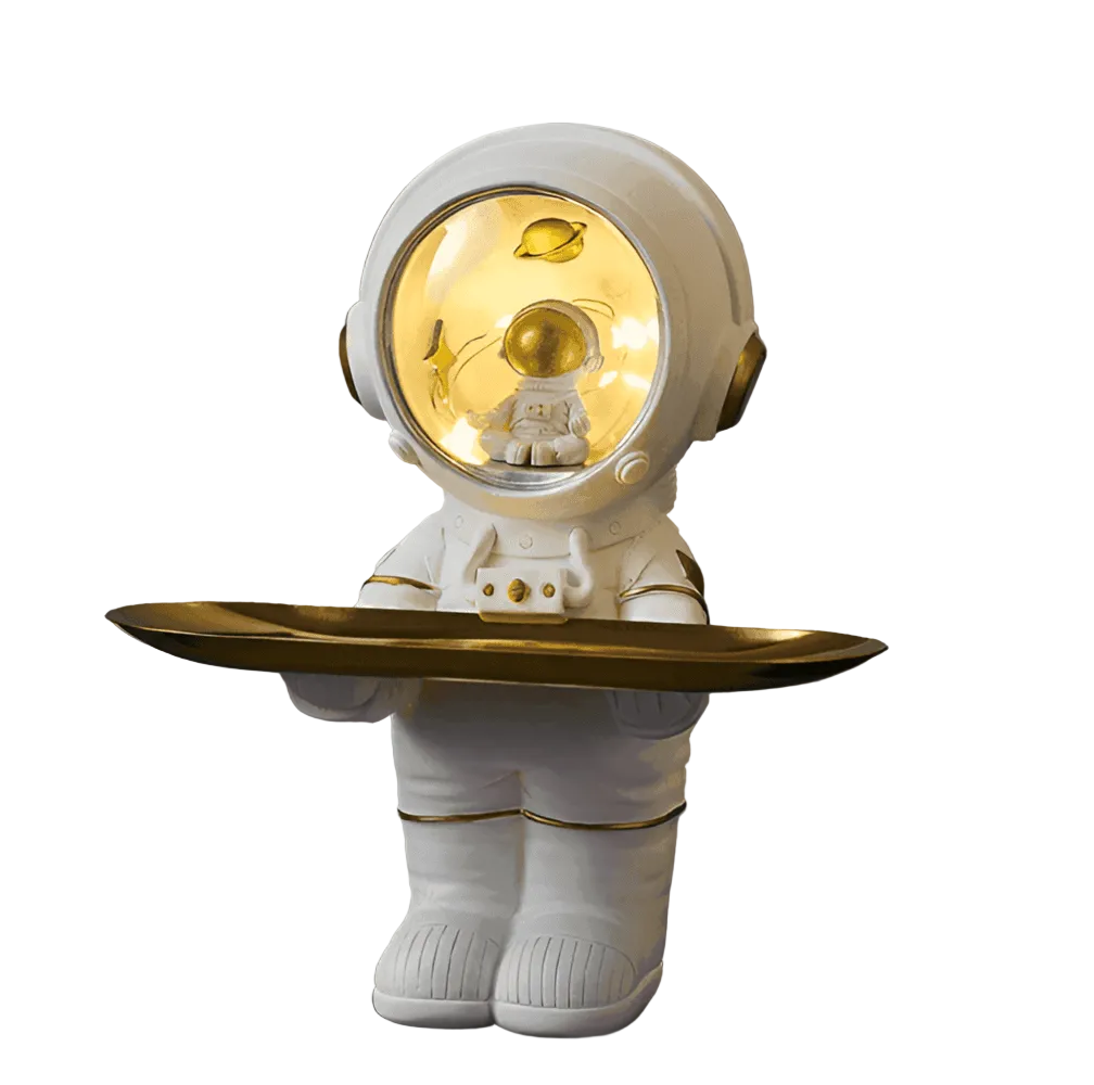 Astronautfigur med opbevaringsbakke Lysende hjelm med planetscene