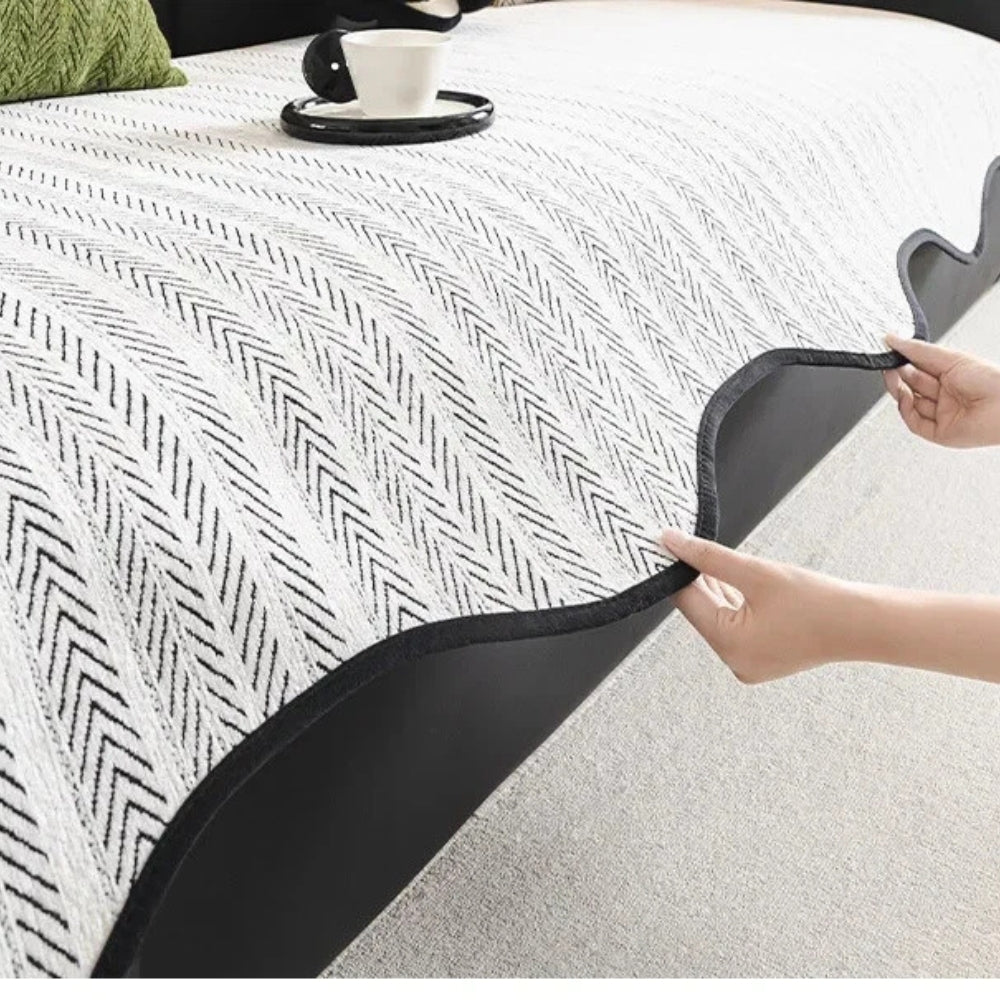 Herringbone Sofa Cover with Scalloped Edge Trim