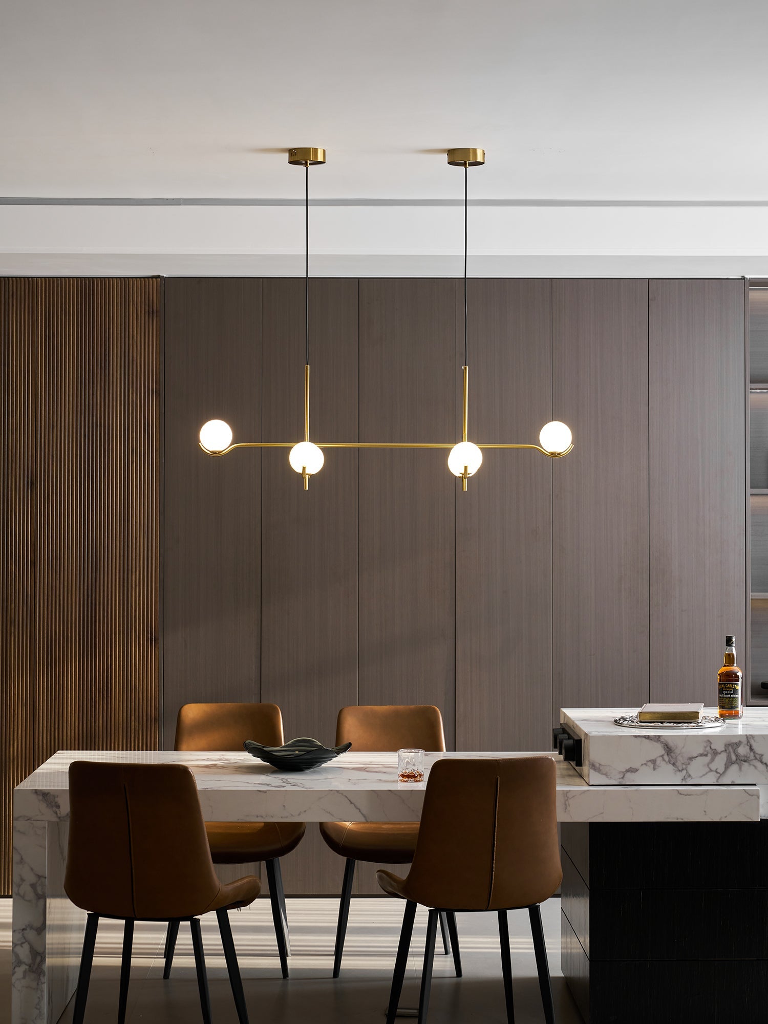 Multi Globe Pendant Light White Glass Shades on Slim Rods Dining Table