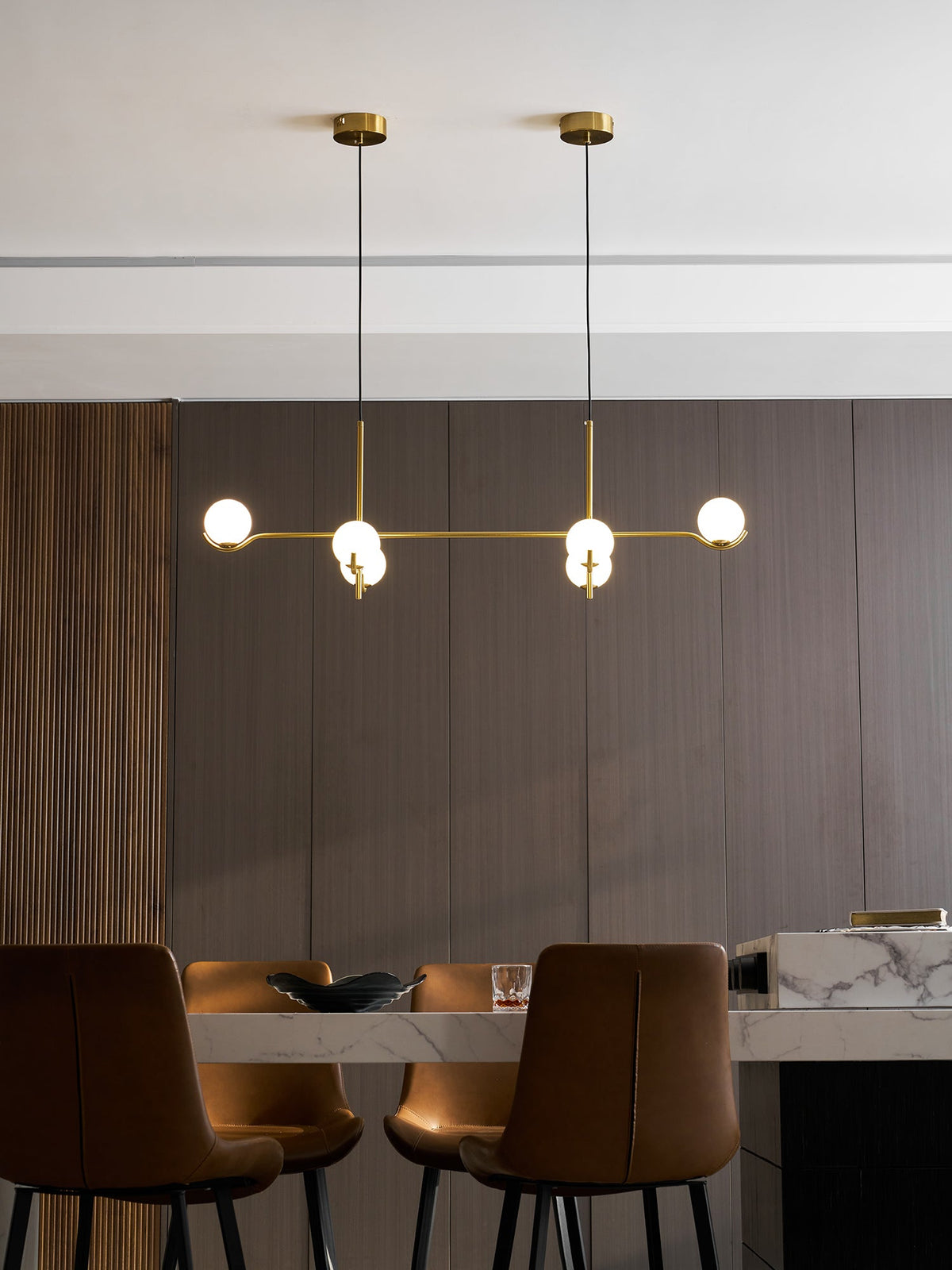 Multi Globe Pendant Light White Glass Shades on Slim Rods Dining Table