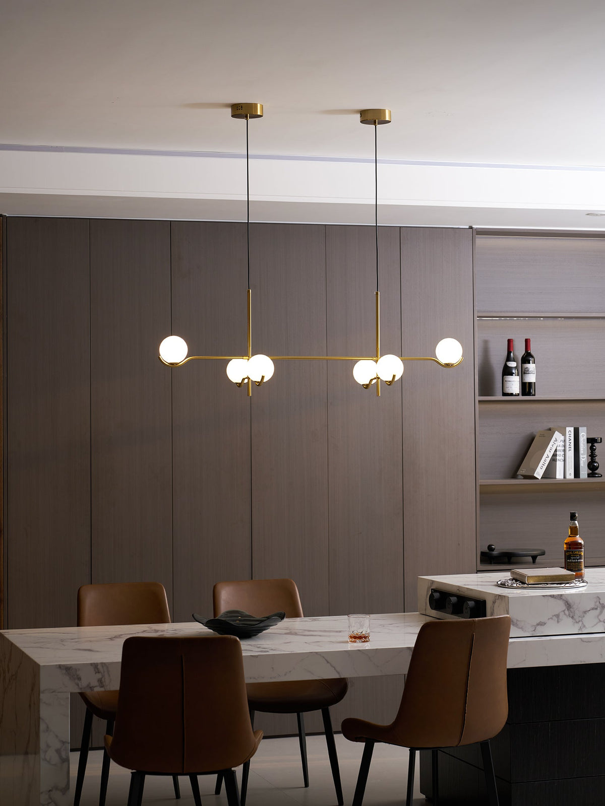 Multi Globe Pendant Light White Glass Shades on Slim Rods Dining Table