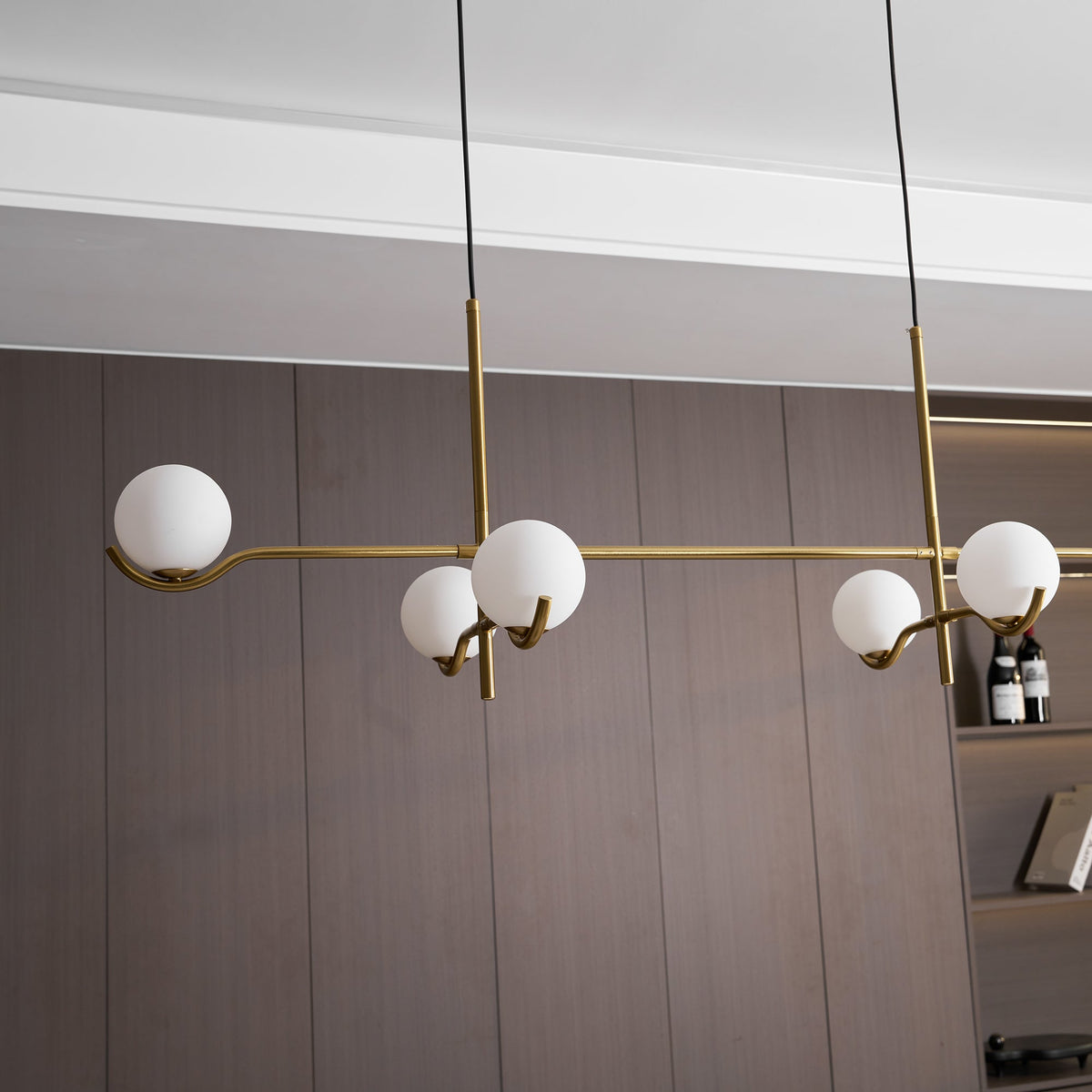 Multi Globe Pendant Light White Glass Shades on Slim Rods Dining Table