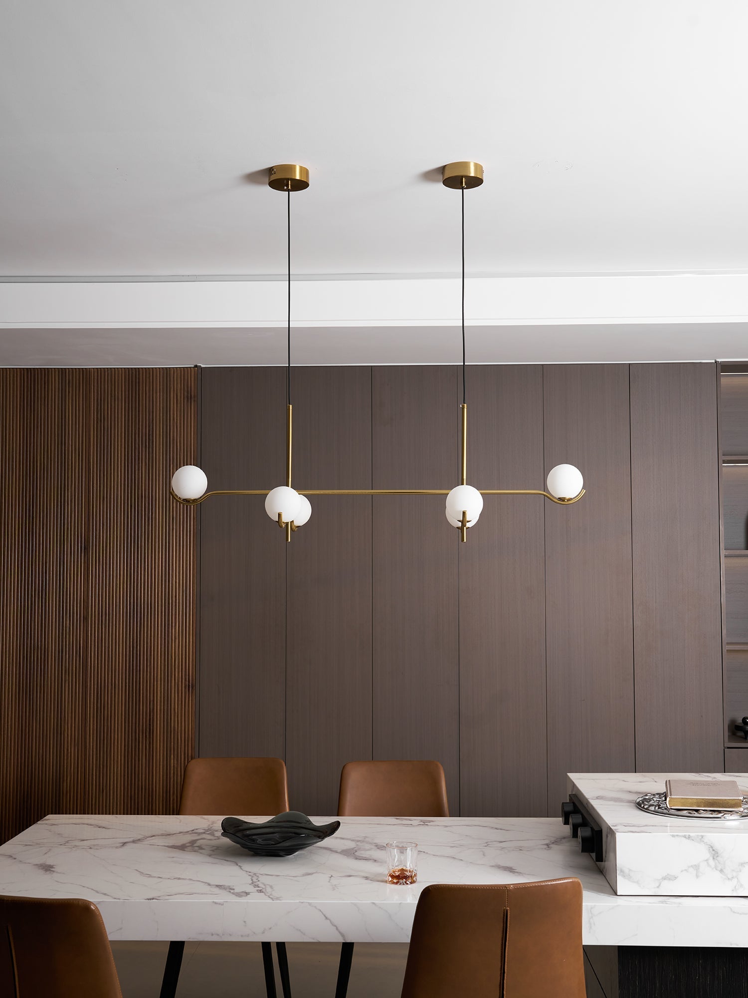 Multi Globe Pendant Light White Glass Shades on Slim Rods Dining Table