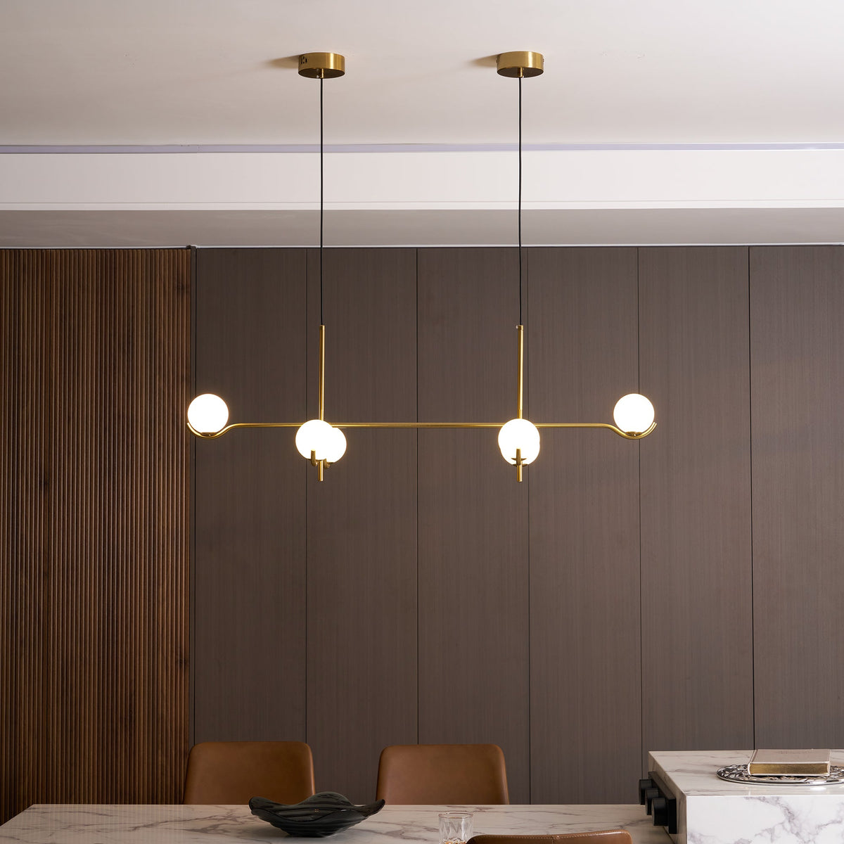 Multi Globe Pendant Light White Glass Shades on Slim Rods Dining Table