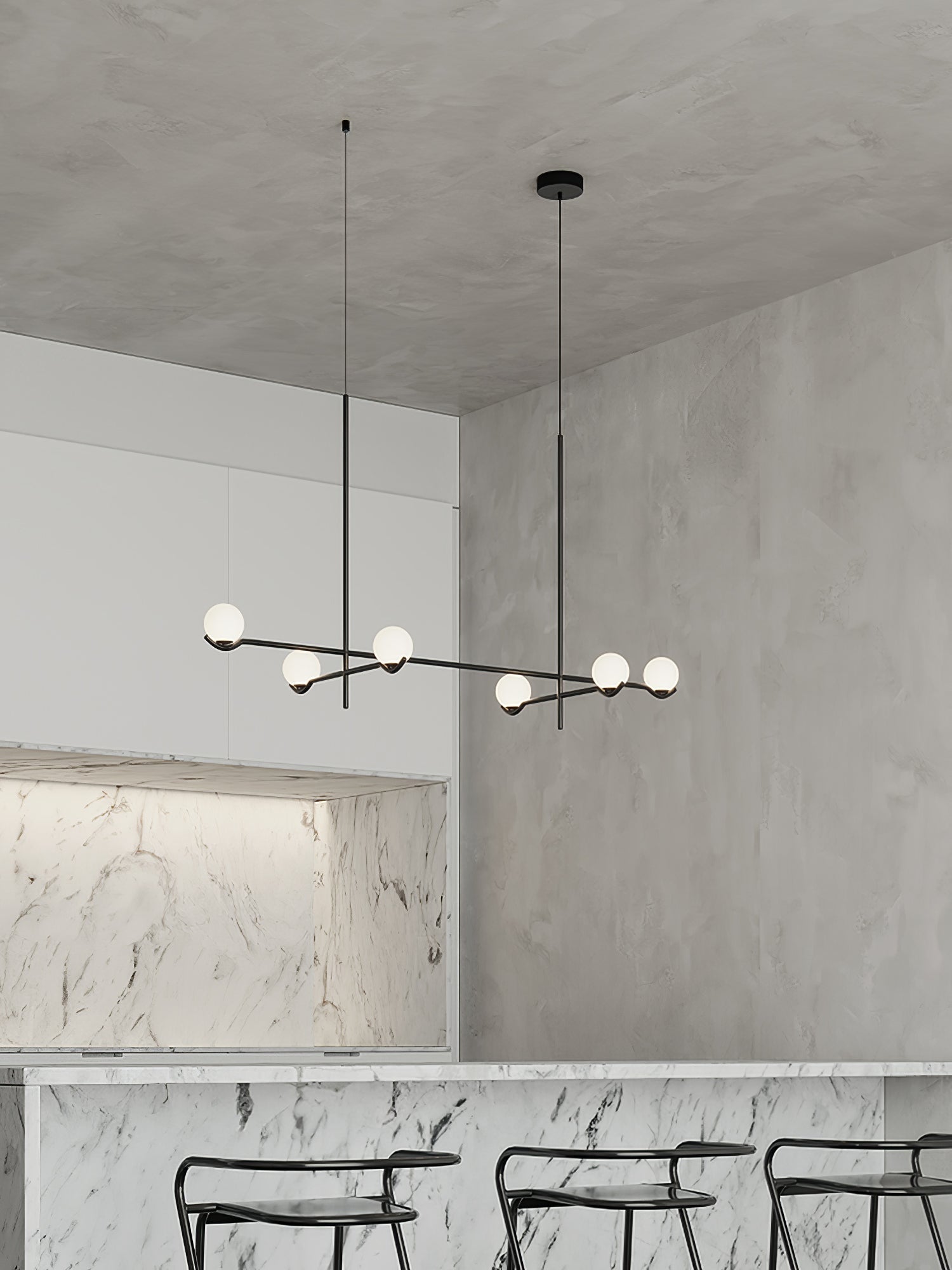 Multi Globe Pendant Light White Glass Shades on Slim Rods Dining Table