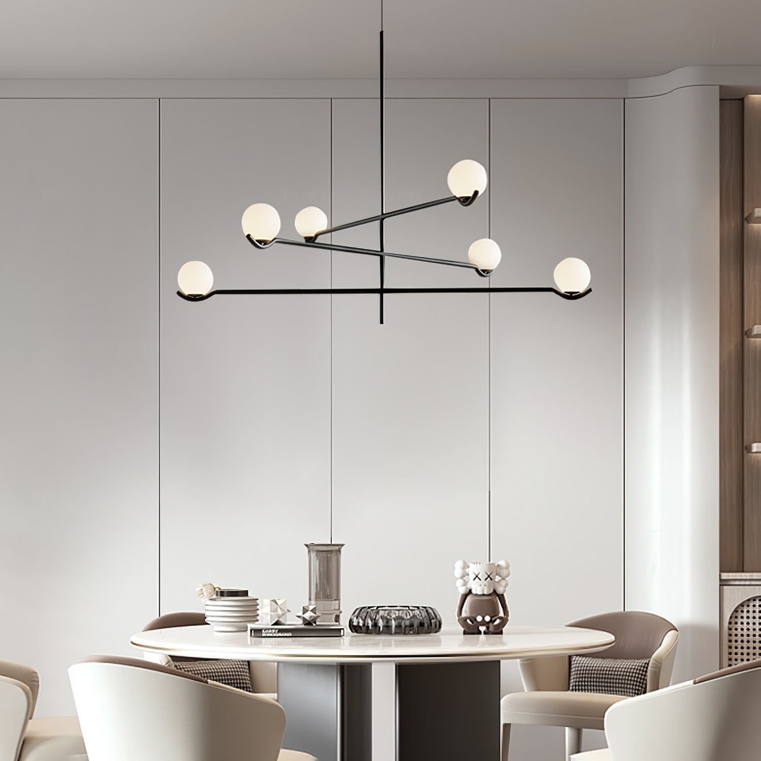 Multi Globe Pendant Light White Glass Shades on Slim Rods Dining Table