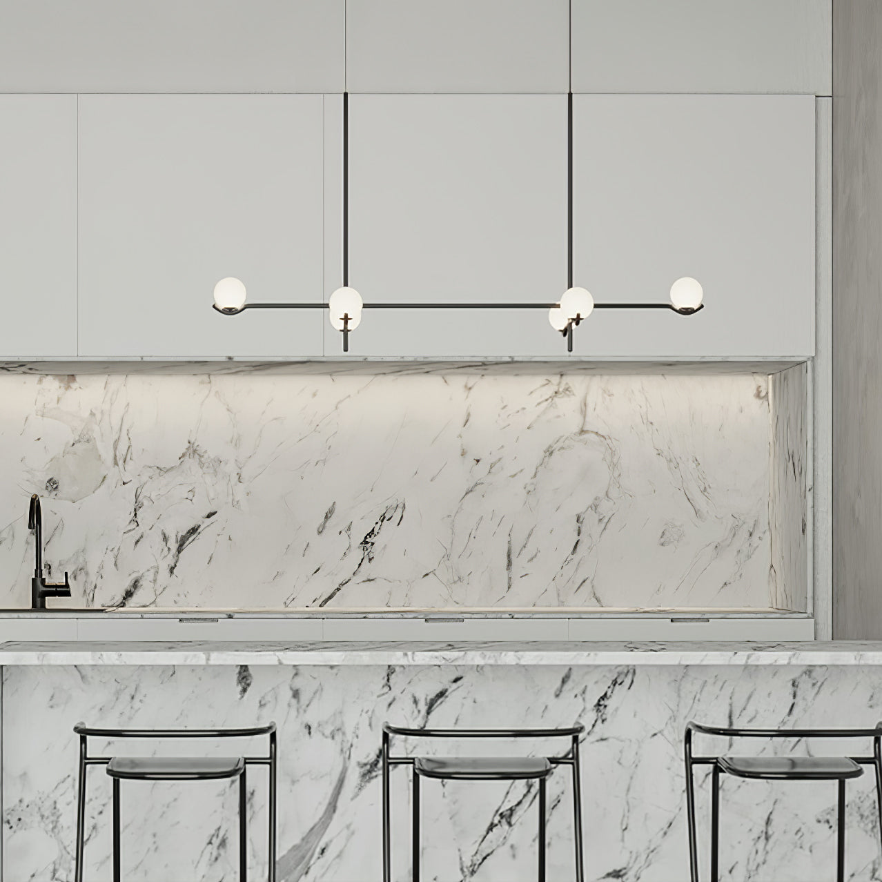 Multi Globe Pendant Light White Glass Shades on Slim Rods Dining Table