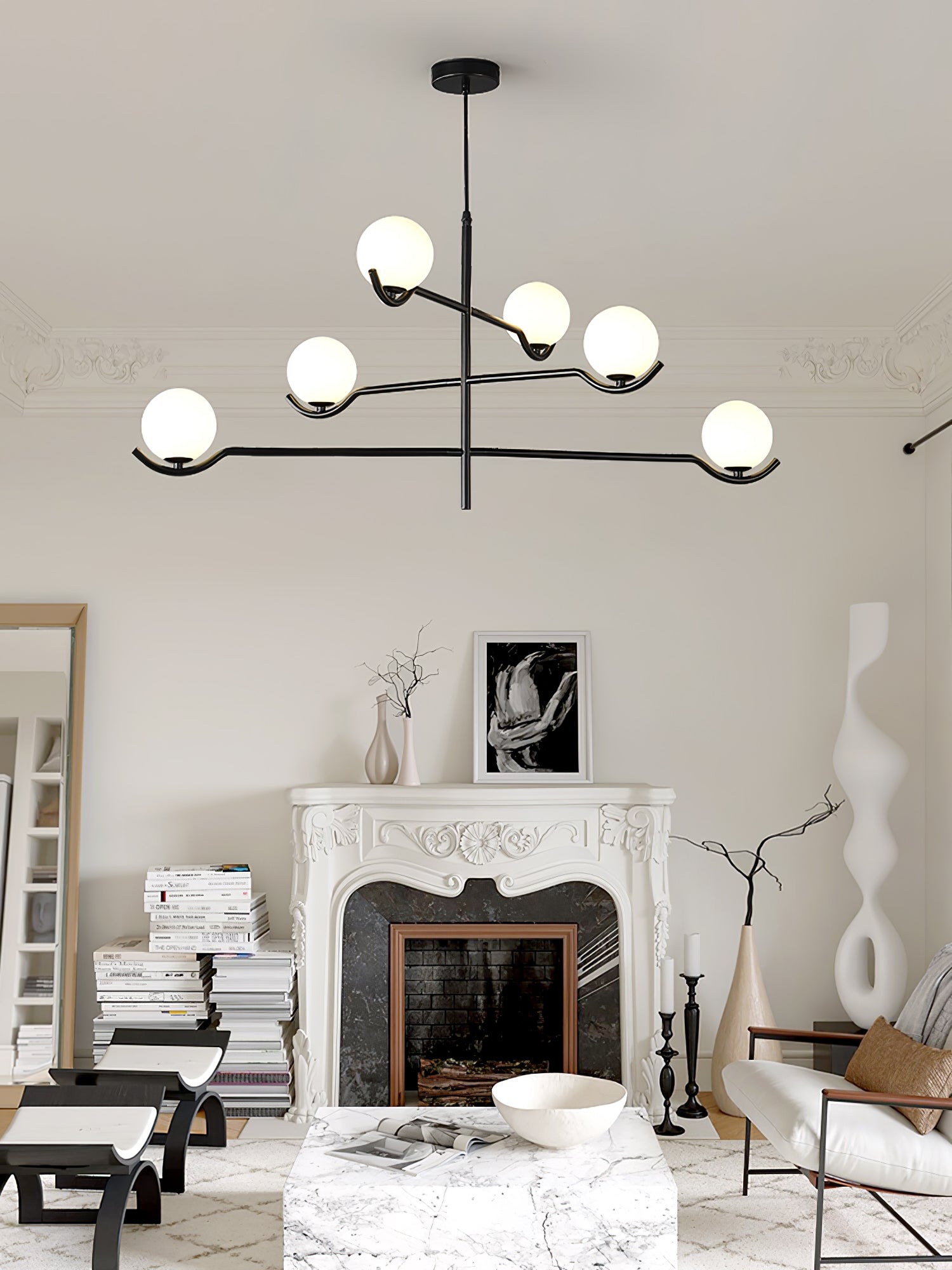 Multi Globe Pendant Light White Glass Shades on Slim Rods Dining Table