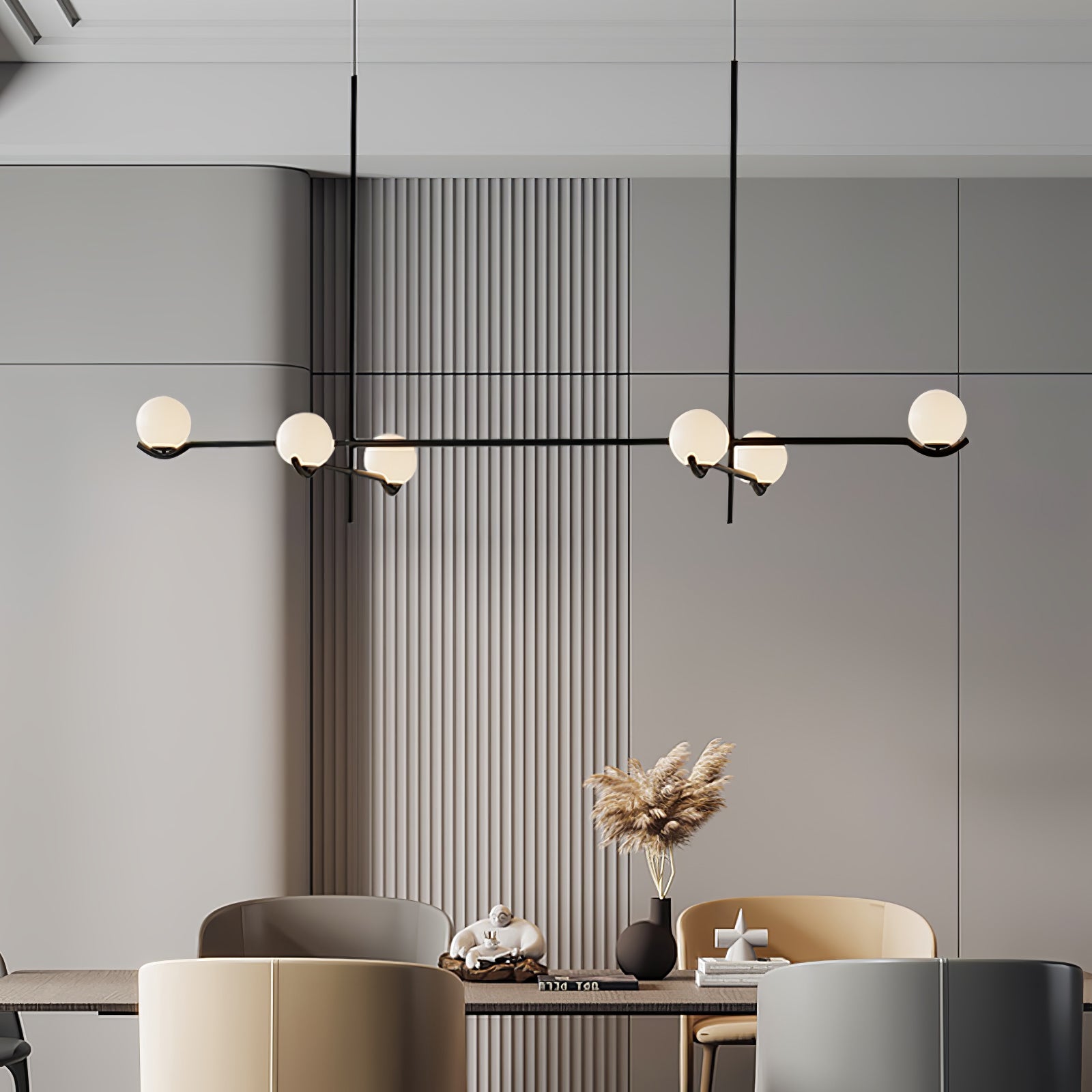 Multi Globe Pendant Light White Glass Shades on Slim Rods Dining Table