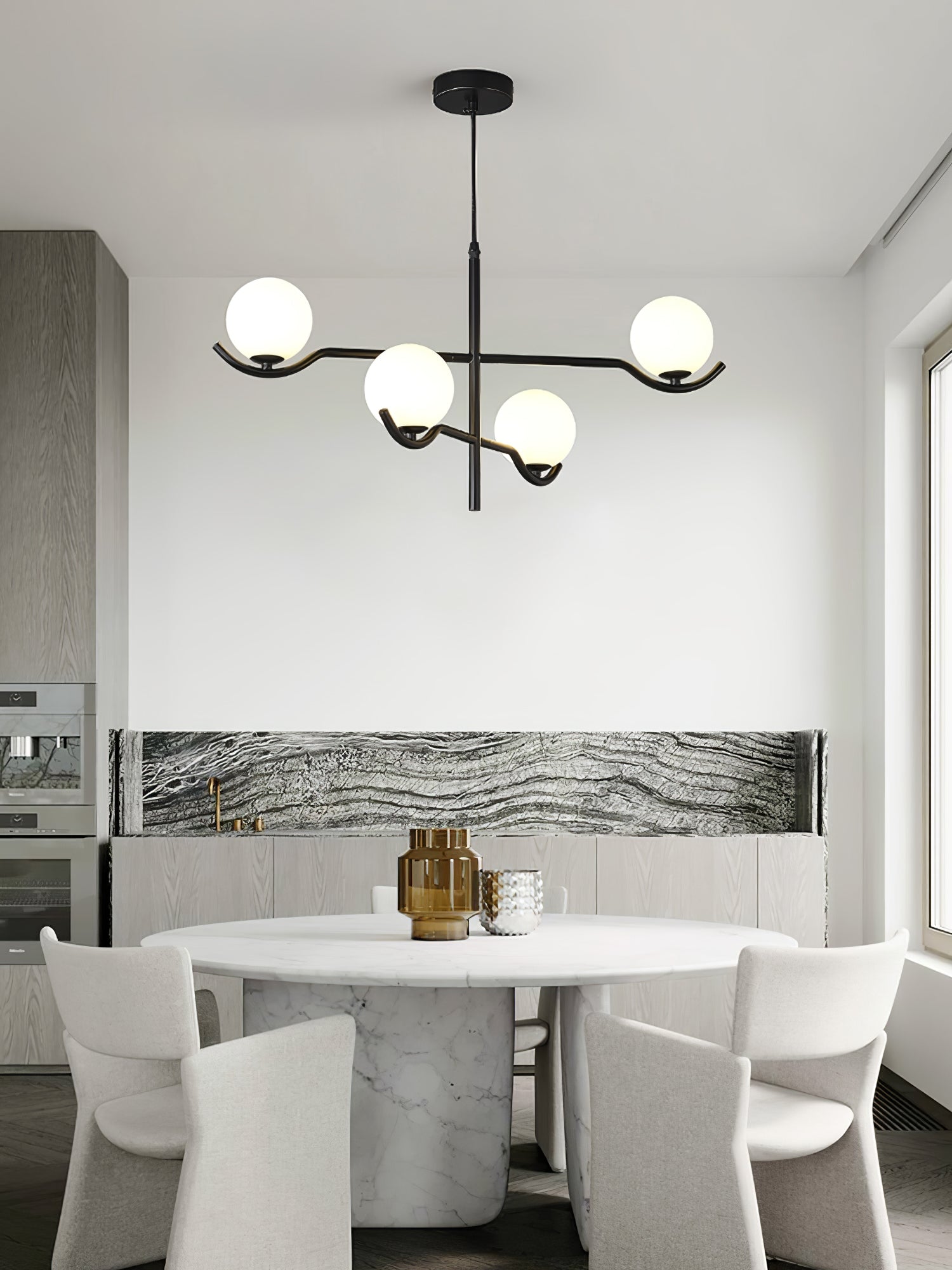 Multi Globe Pendant Light White Glass Shades on Slim Rods Dining Table