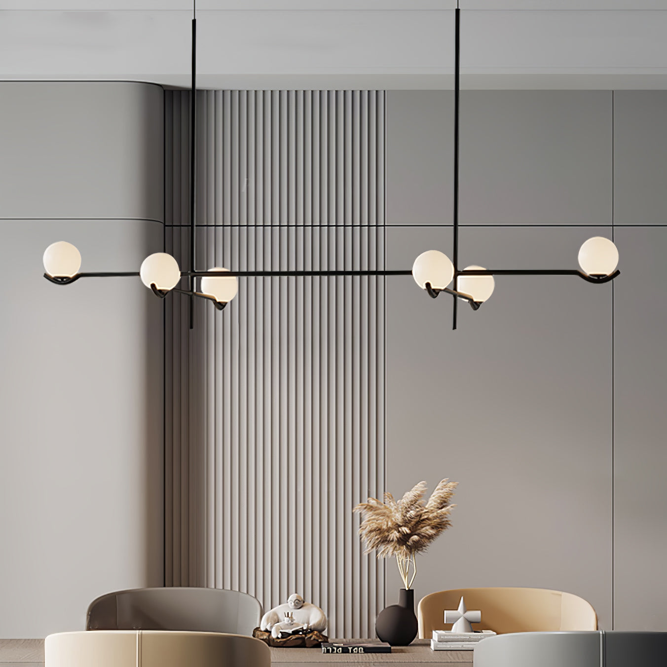 Multi Globe Pendant Light White Glass Shades on Slim Rods Dining Table